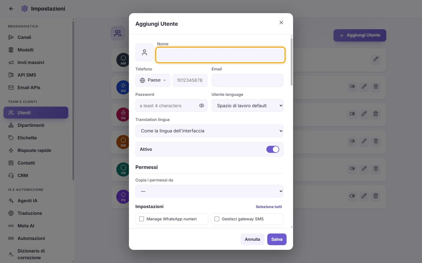 The new user window: the name first, then the sign-in details and what the user may do