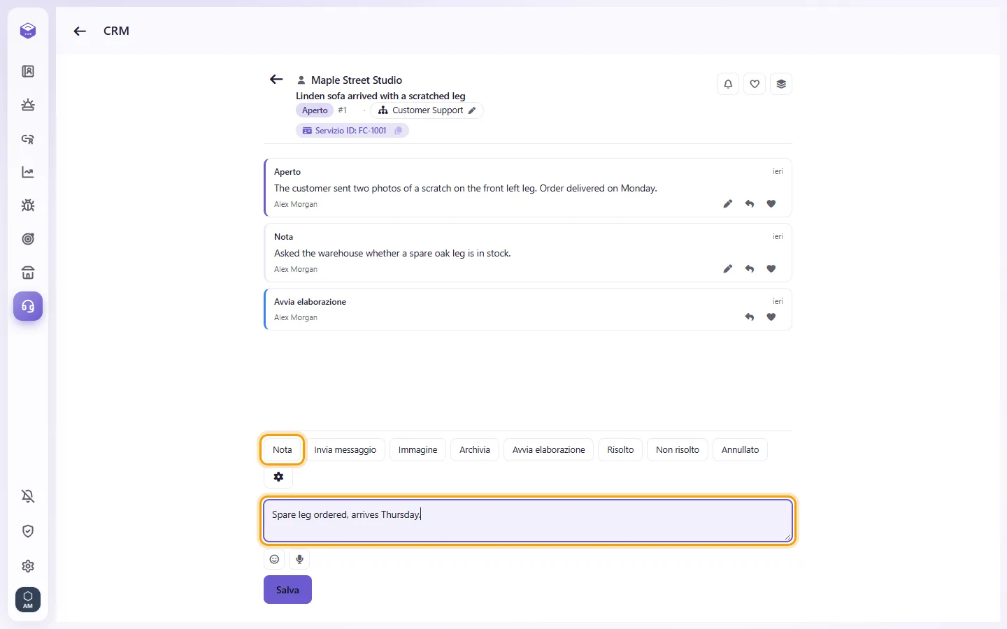 An open case: "Note" and the Description box, then Save