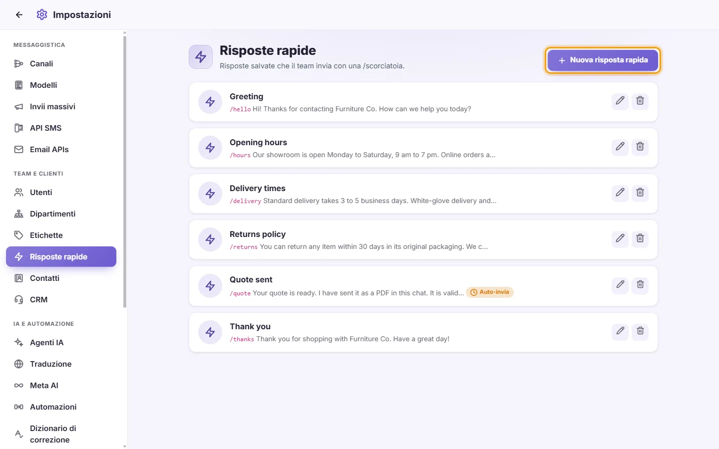 Settings, Quick replies: ready answers with their shortcuts, and the "New quick reply" button