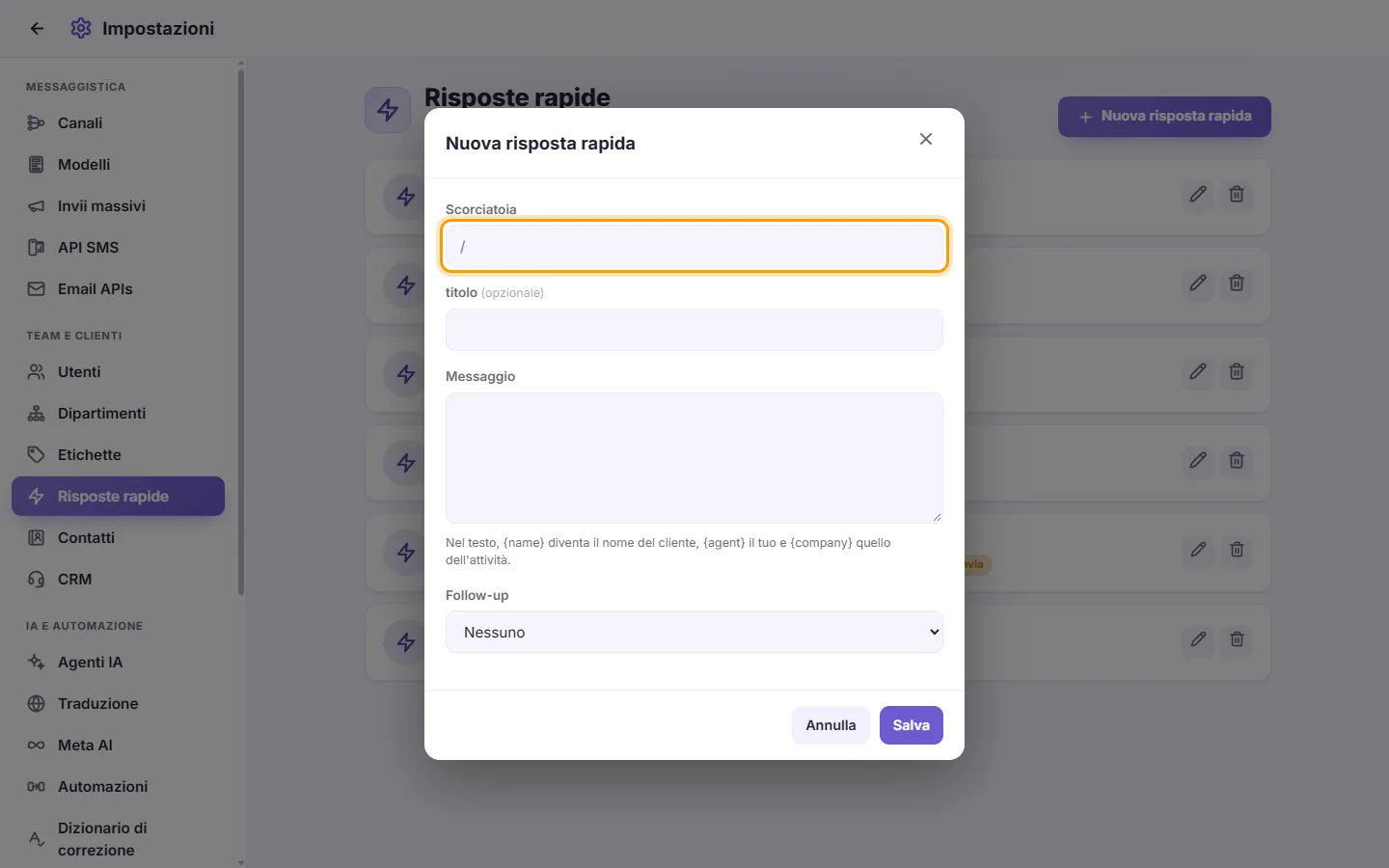 The new quick reply window: its shortcut first, then its title, text and an optional follow-up reminder