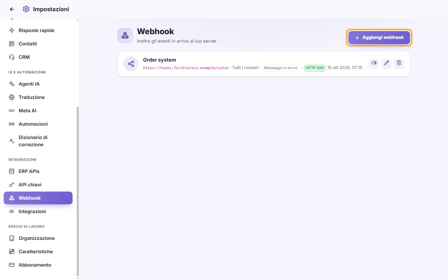 Settings, Webhooks: an active webhook with its last result, and the "Add webhook" button