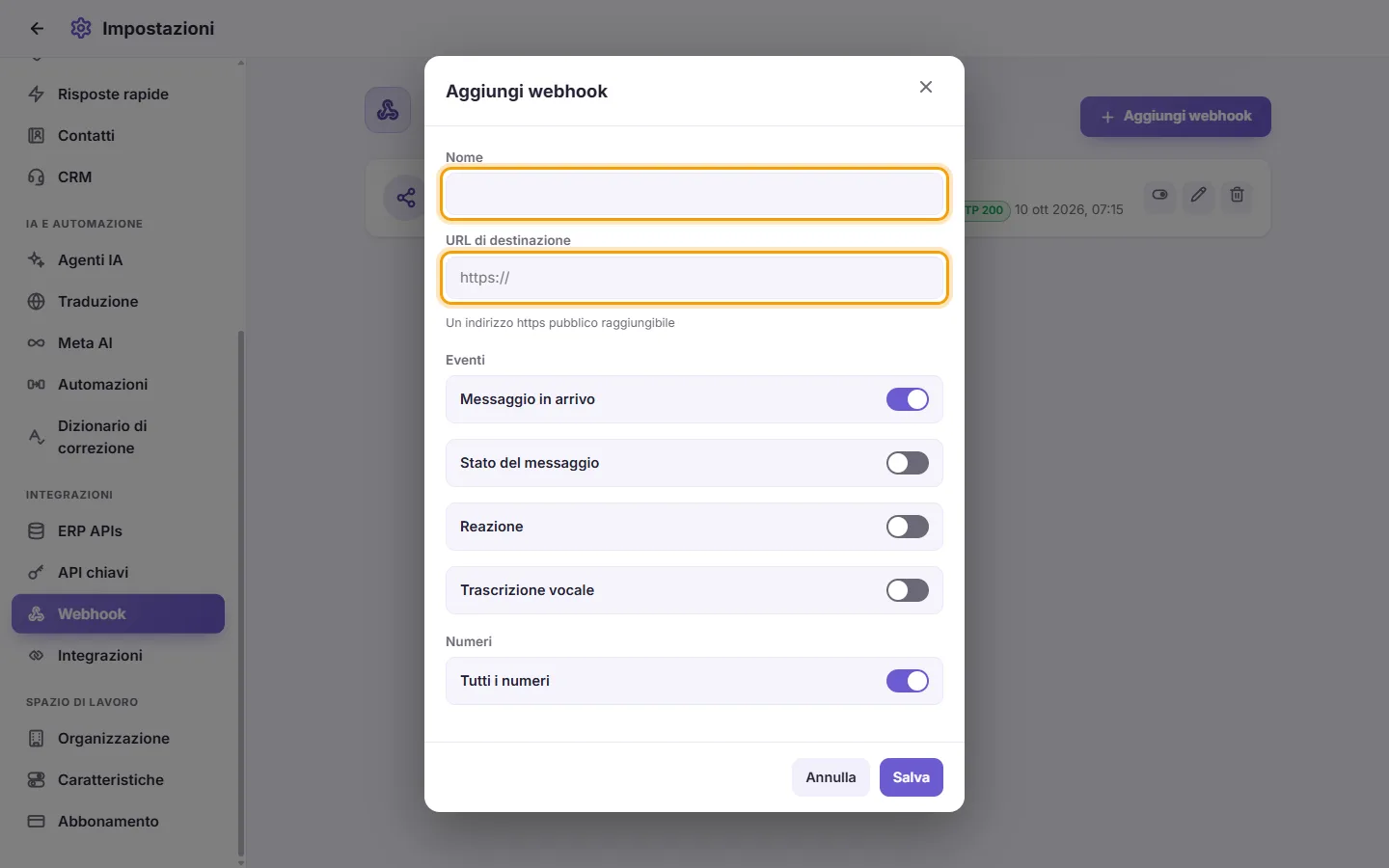 The new webhook window: its name and the address it calls