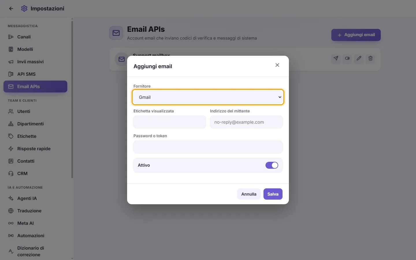 The new email account window: pick the provider first, then the address (and the server, for a custom provider)
