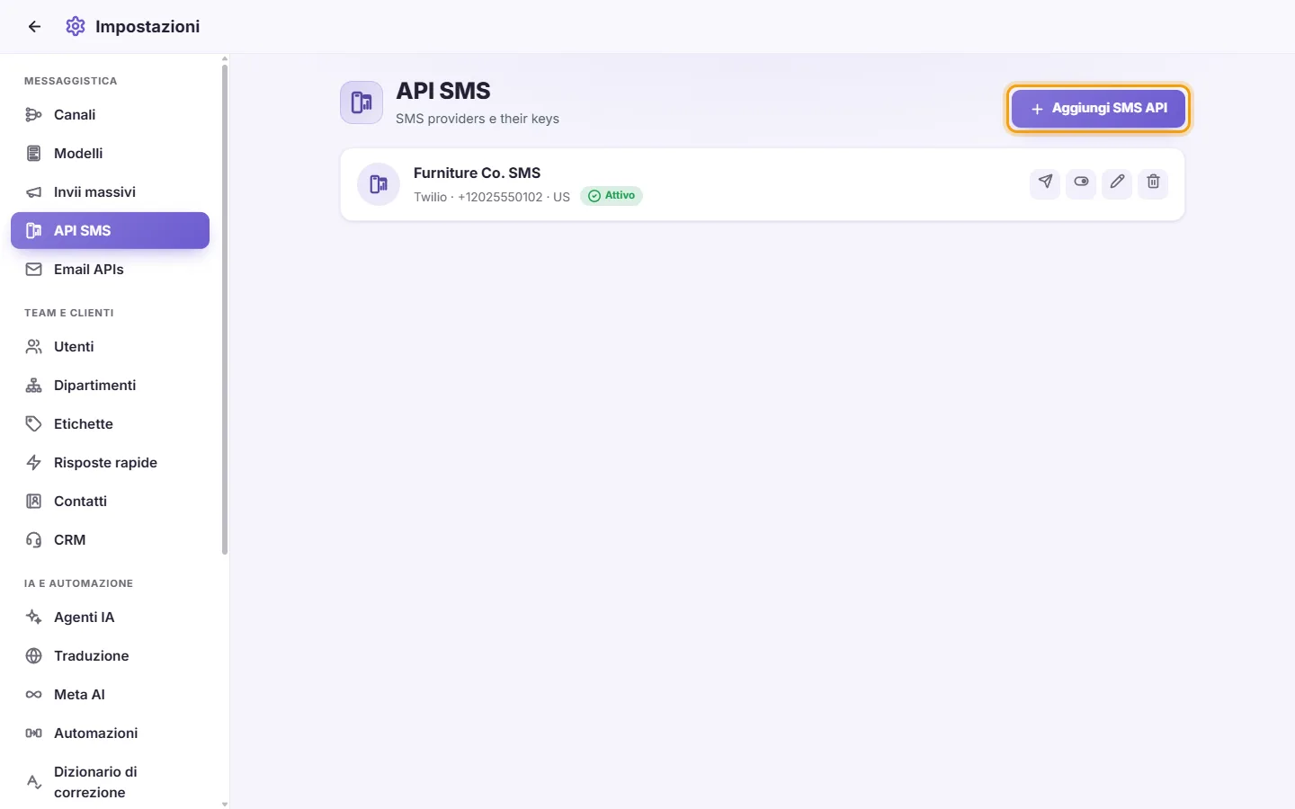 Settings, SMS APIs: a connected SMS gateway and the "Add SMS API" button