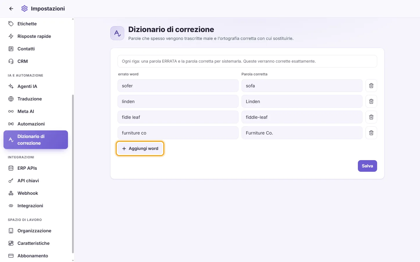 Settings, Correction dictionary: the wrong words and their corrections, and the "Add word" button