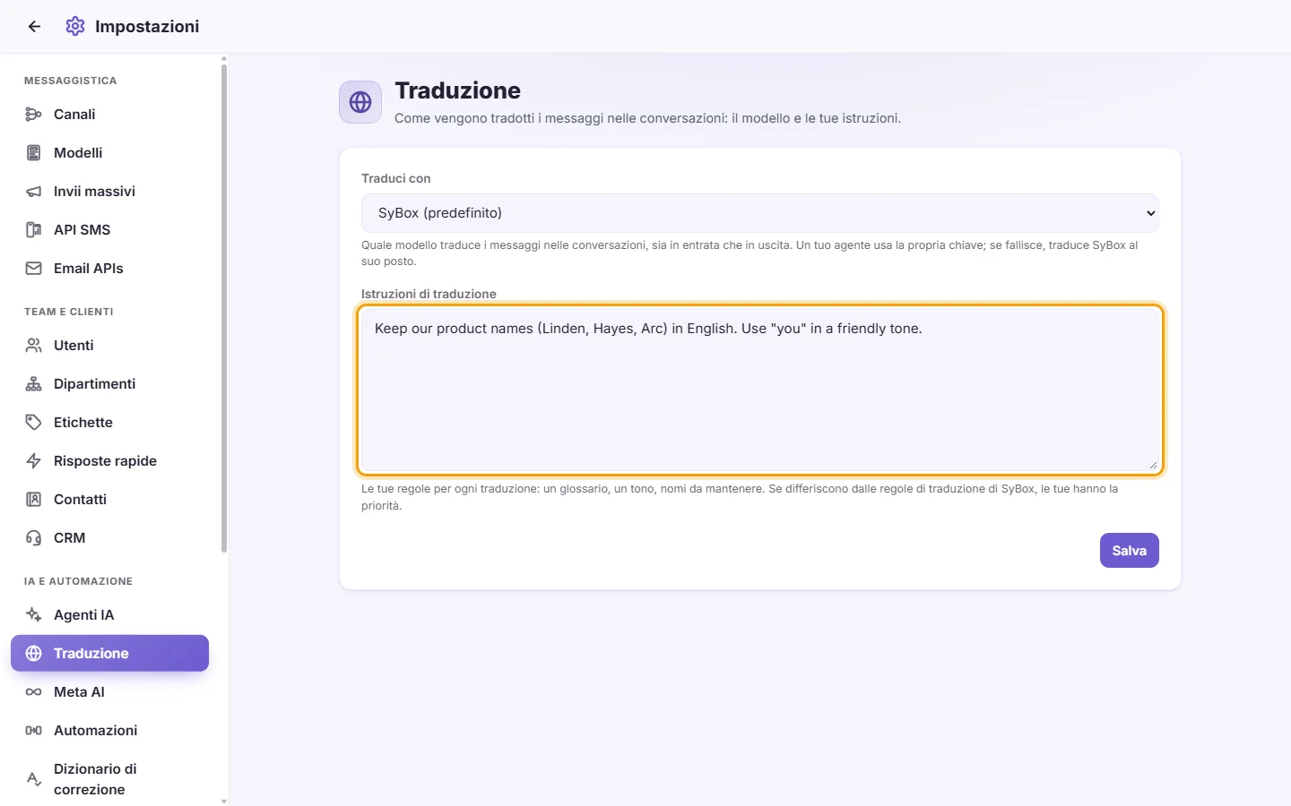 Settings, Translation: the "Translation instructions" box with an example rule