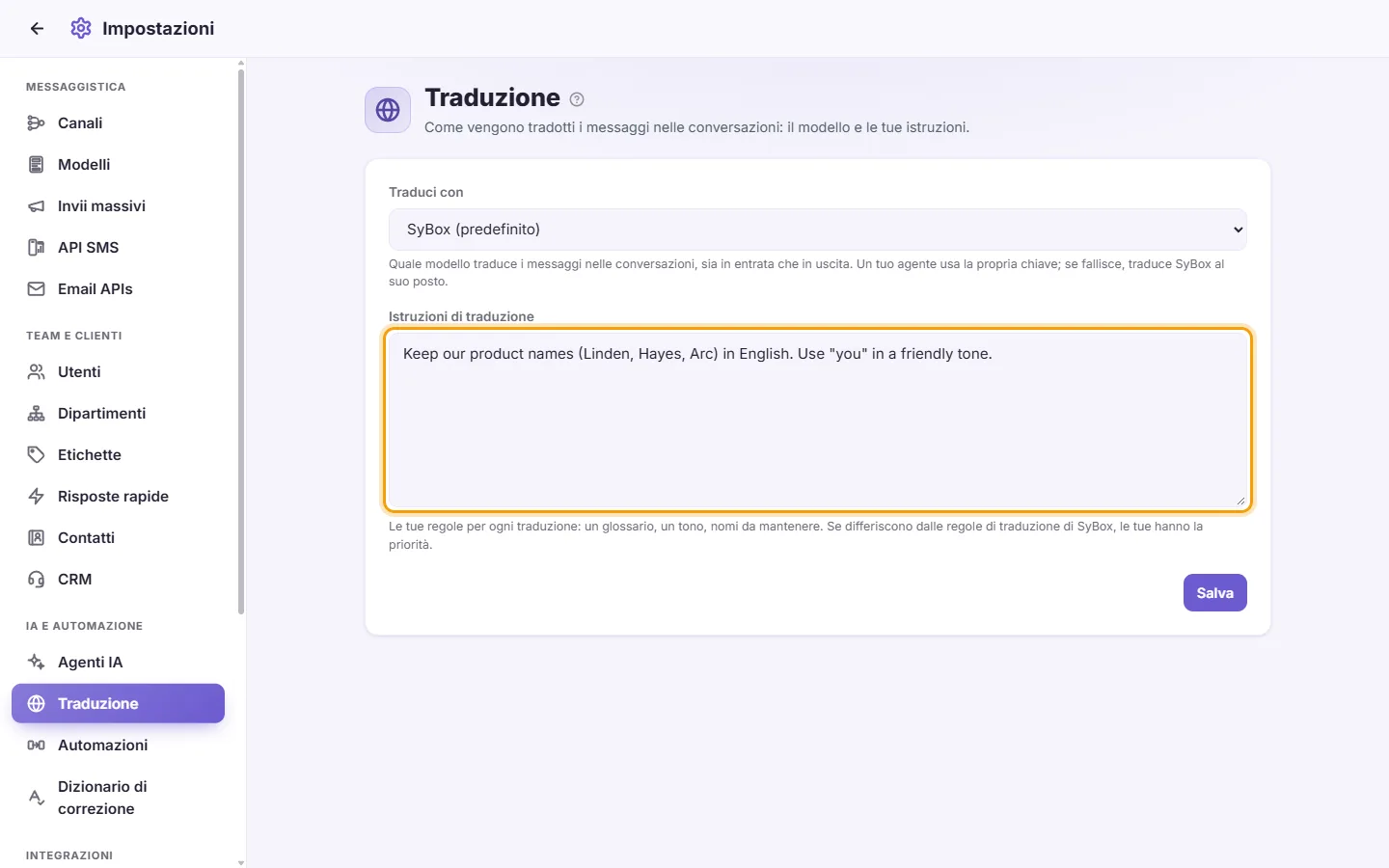 Settings, Translation: the "Translation instructions" box with an example rule