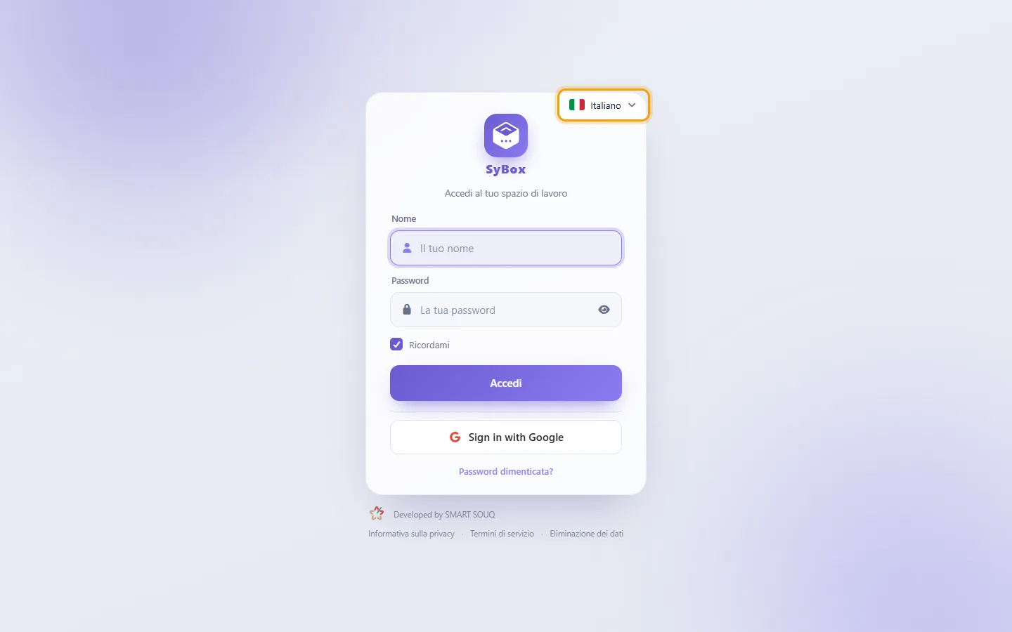 The sign-in page: the language button at the top