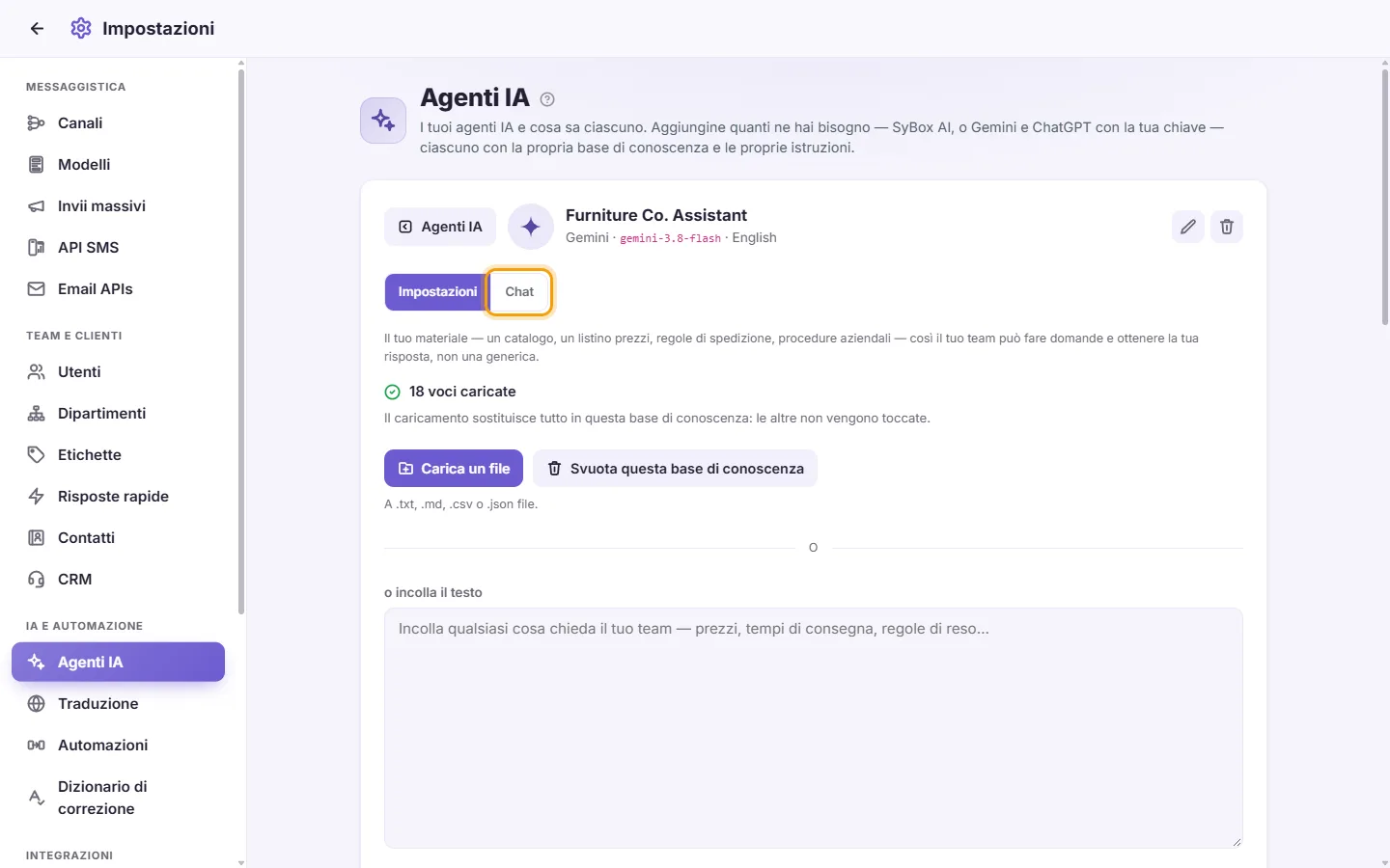 An agent's page: its "Chat" tab beside "Settings"