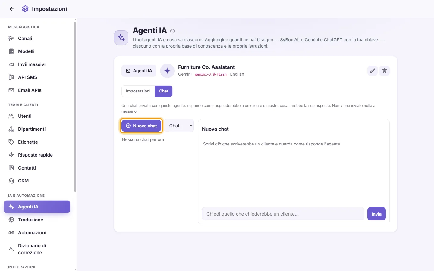 The agent's Chat: "New chat" and the list of your chats with it
