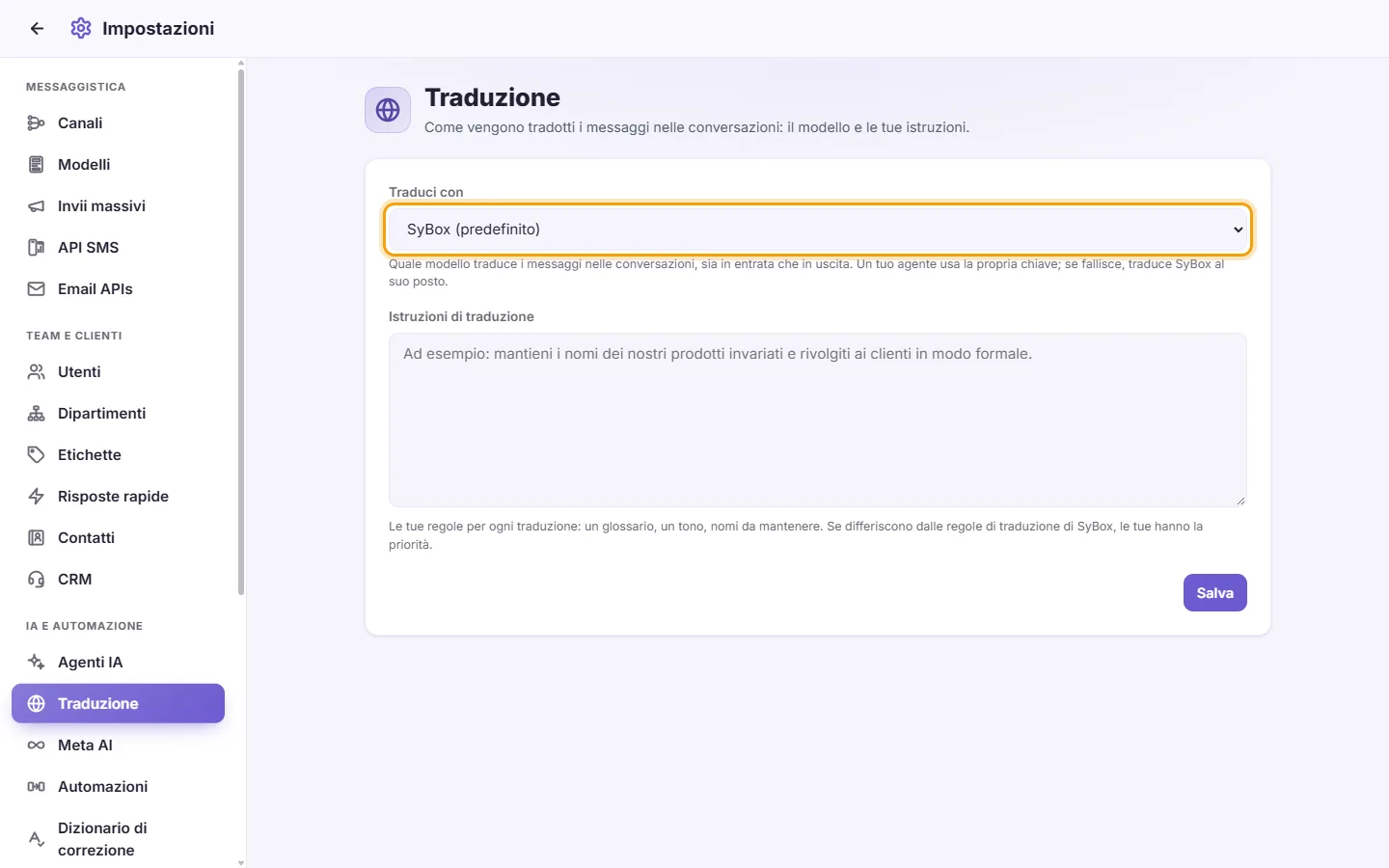 Settings, Translation: "Translate with" chooses who translates the messages