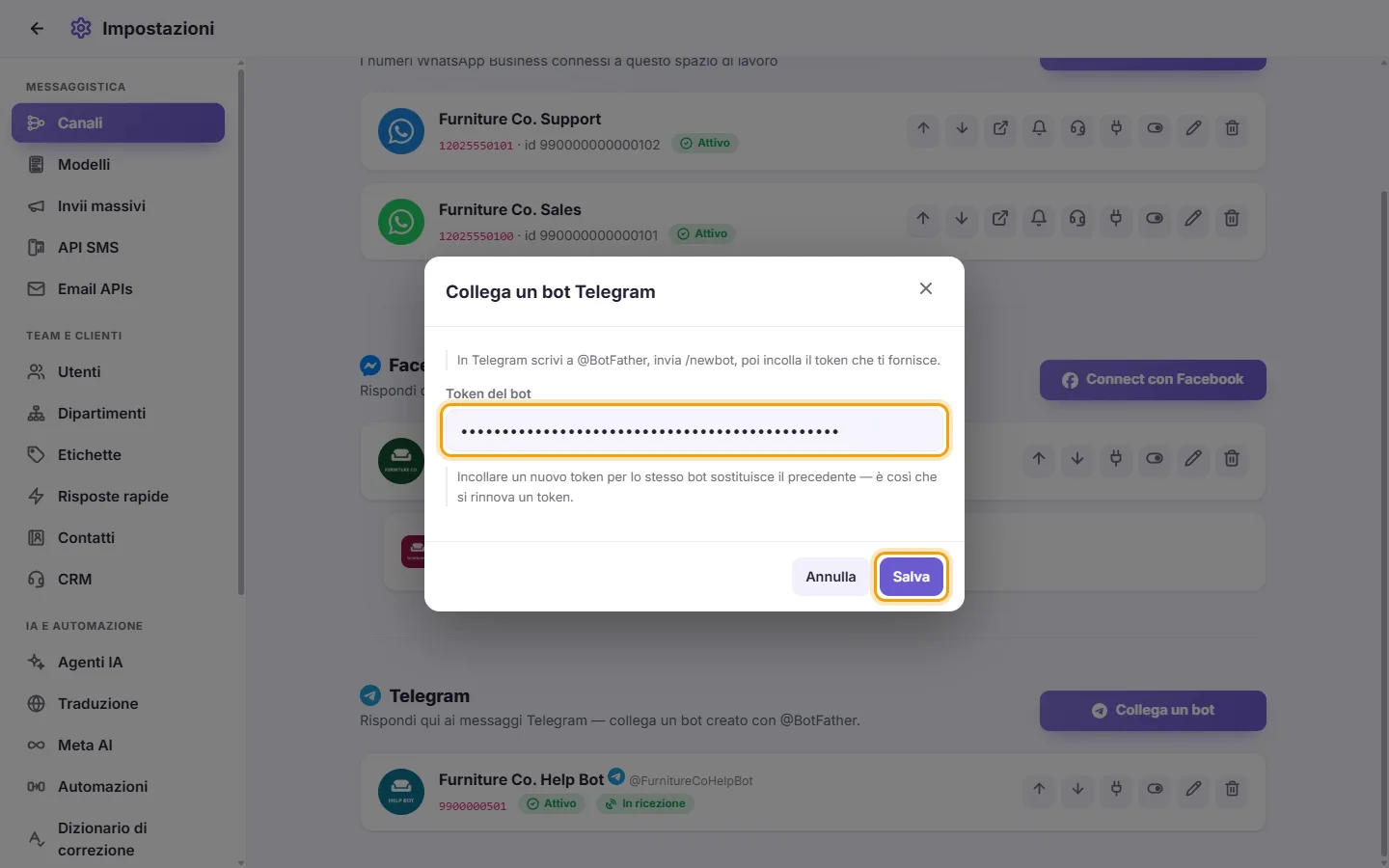 The "Connect a Telegram bot" window: the Bot token field with an example token, and the Save button