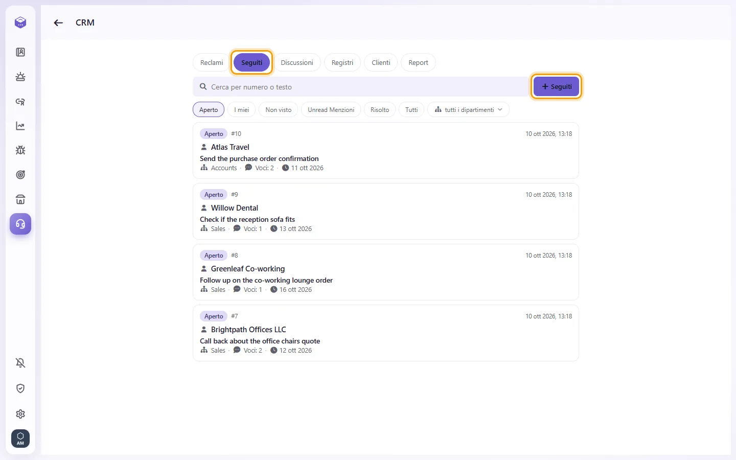 CRM, Follow-ups: the open follow-ups and the "+" button that adds one