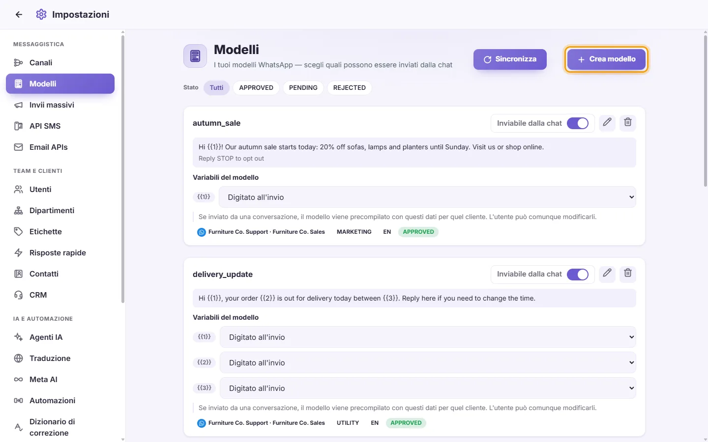 Settings, Templates: the template cards, the filters for their status, and the "Create template" button