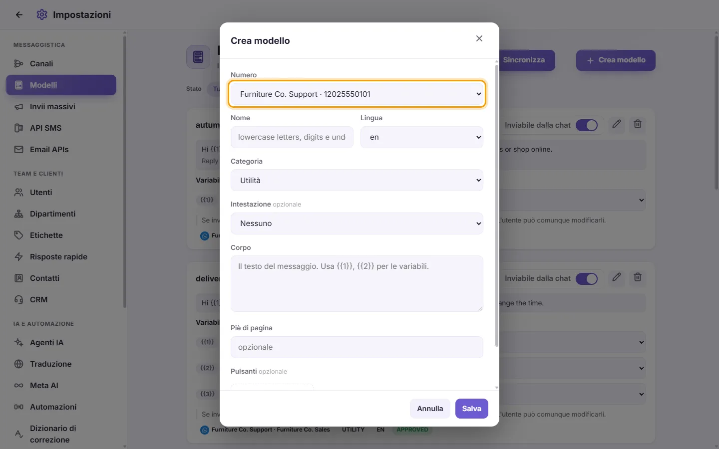 The new template form: the number it belongs to first, then its name, category, language and content
