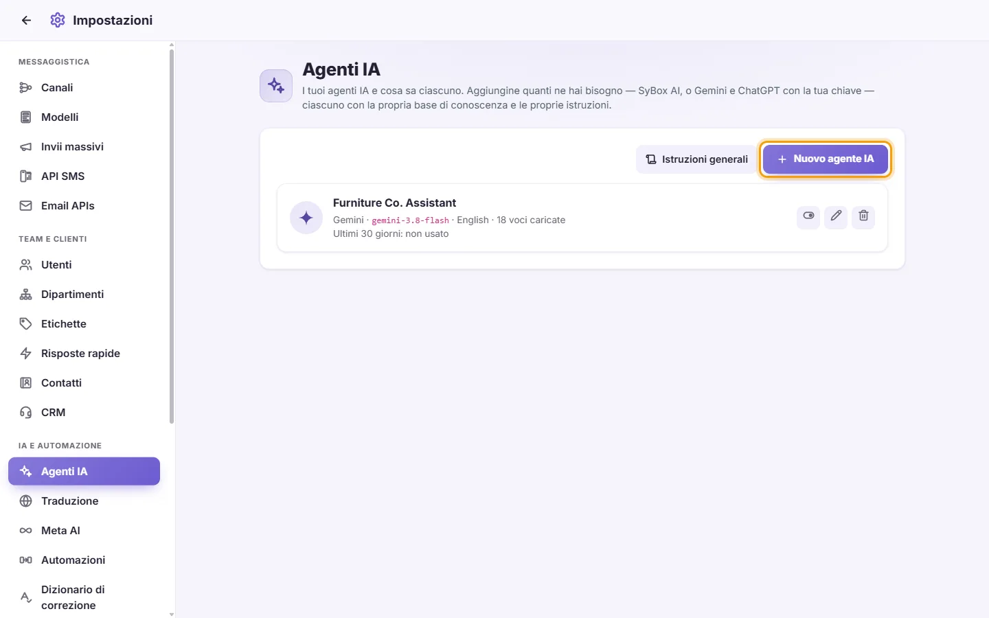 Settings, AI Agents: the agents already made and the "New AI agent" button