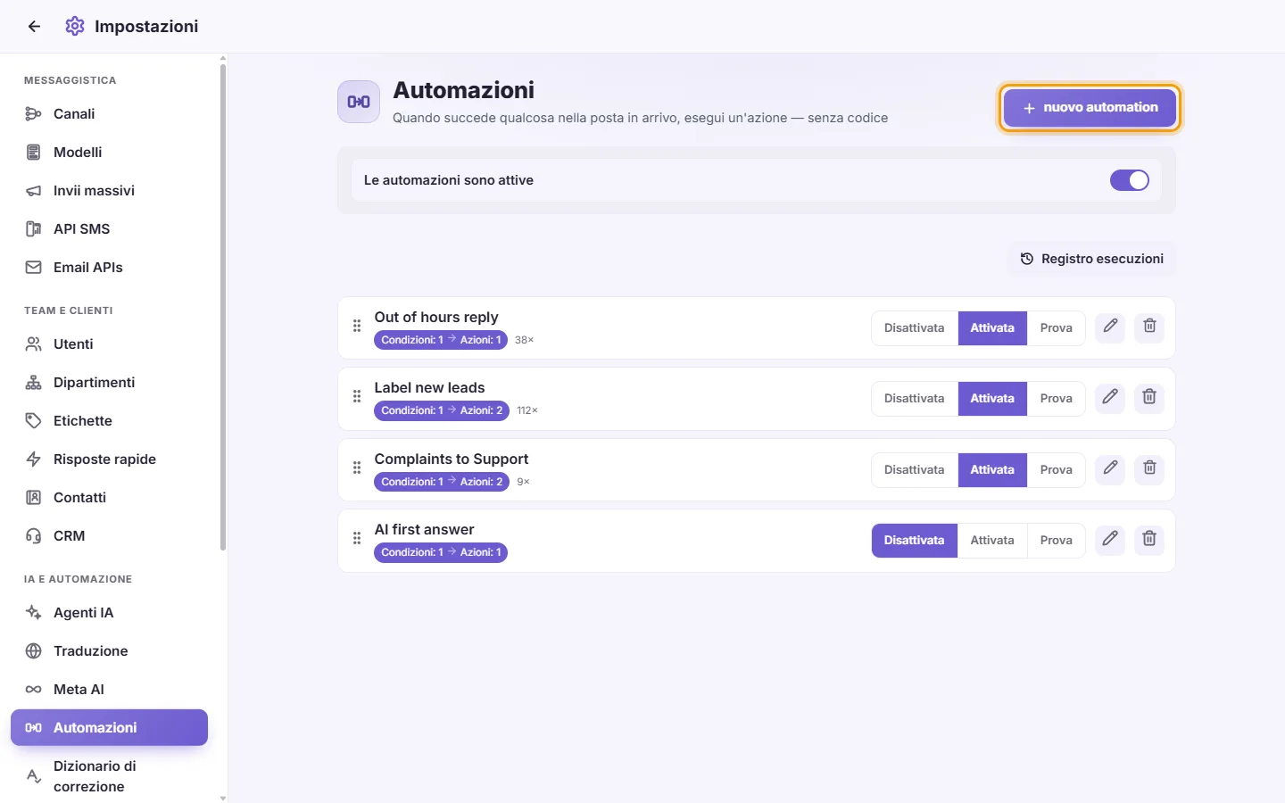 Settings, Automations: rules that run on their own, with their runs, and the "New automation" button