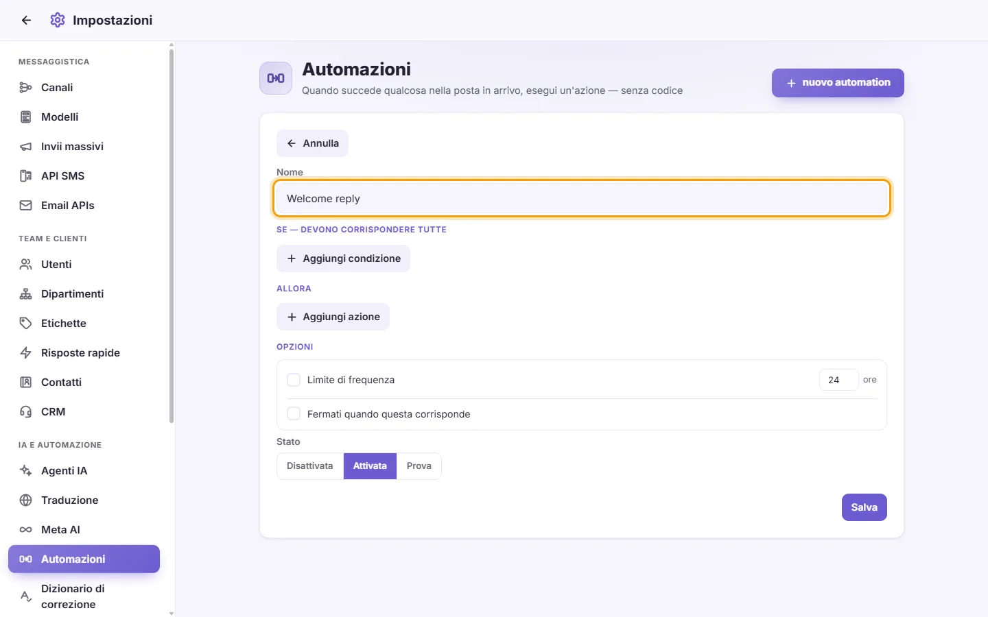 The new automation: its name first ("Welcome reply"), then when it runs, its conditions and its actions