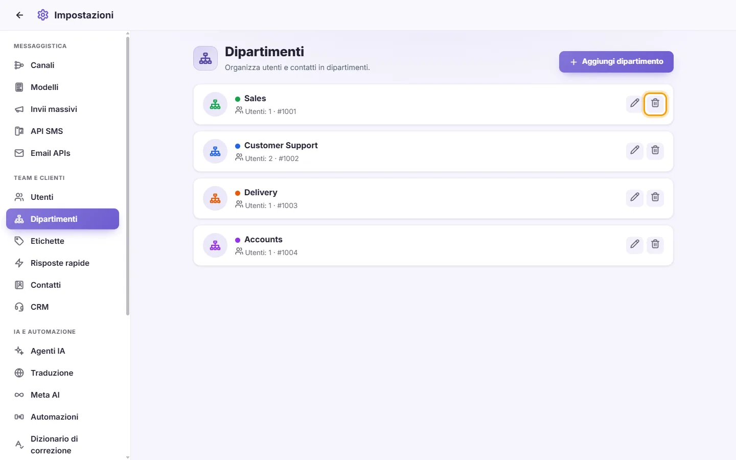 To delete a department: "Delete" marked on the screen in SyBox