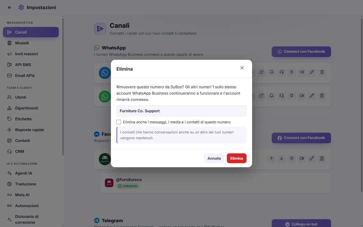 The question SyBox asks before it deletes a number, with the option to erase its messages too