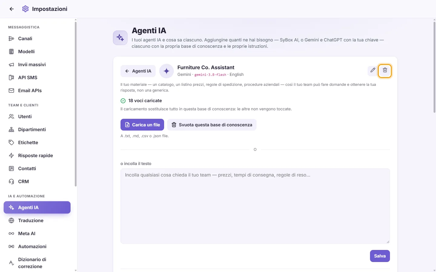 An agent's page: the trash next to its name deletes it