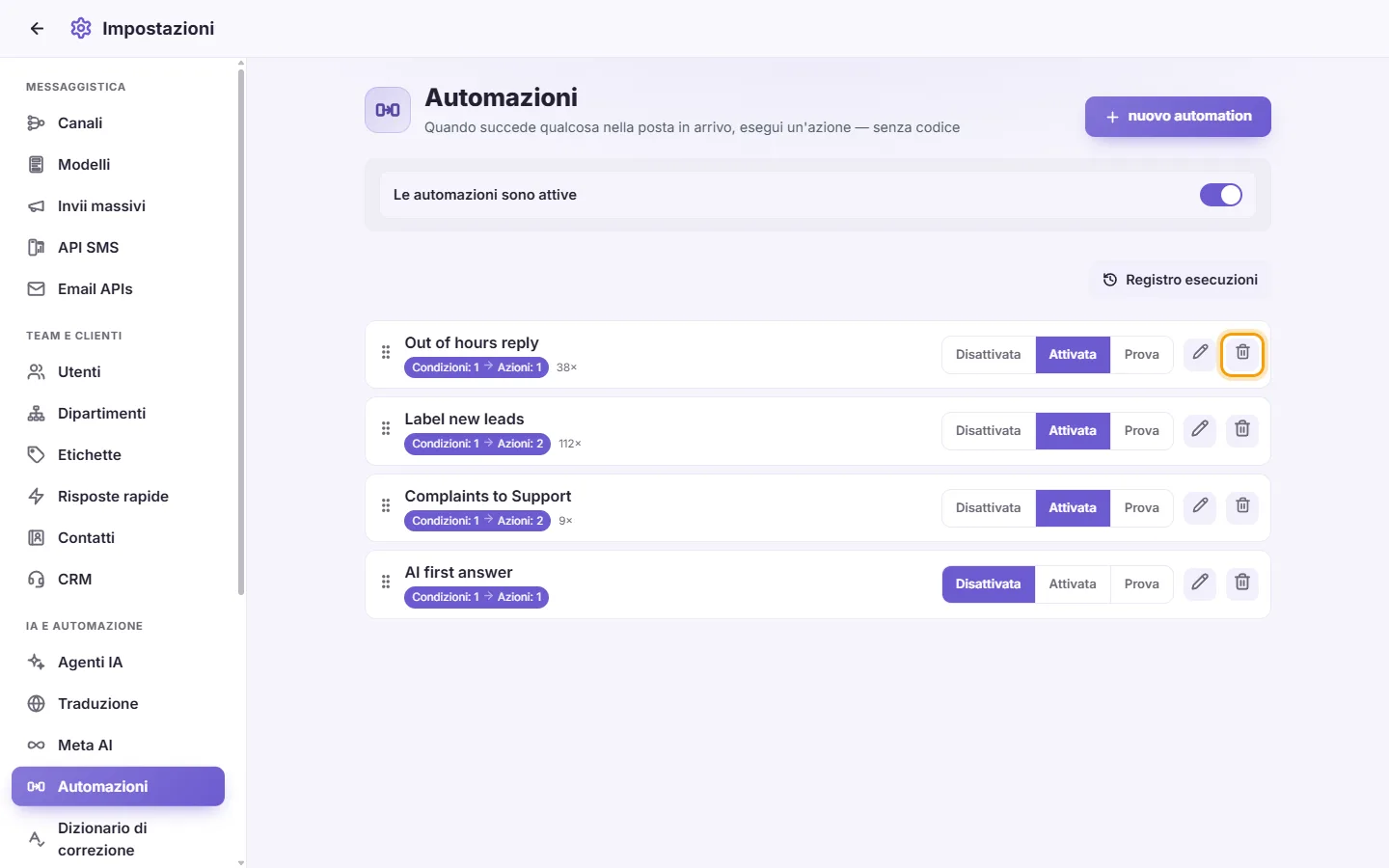 To delete an automation: "Delete" marked on the screen in SyBox