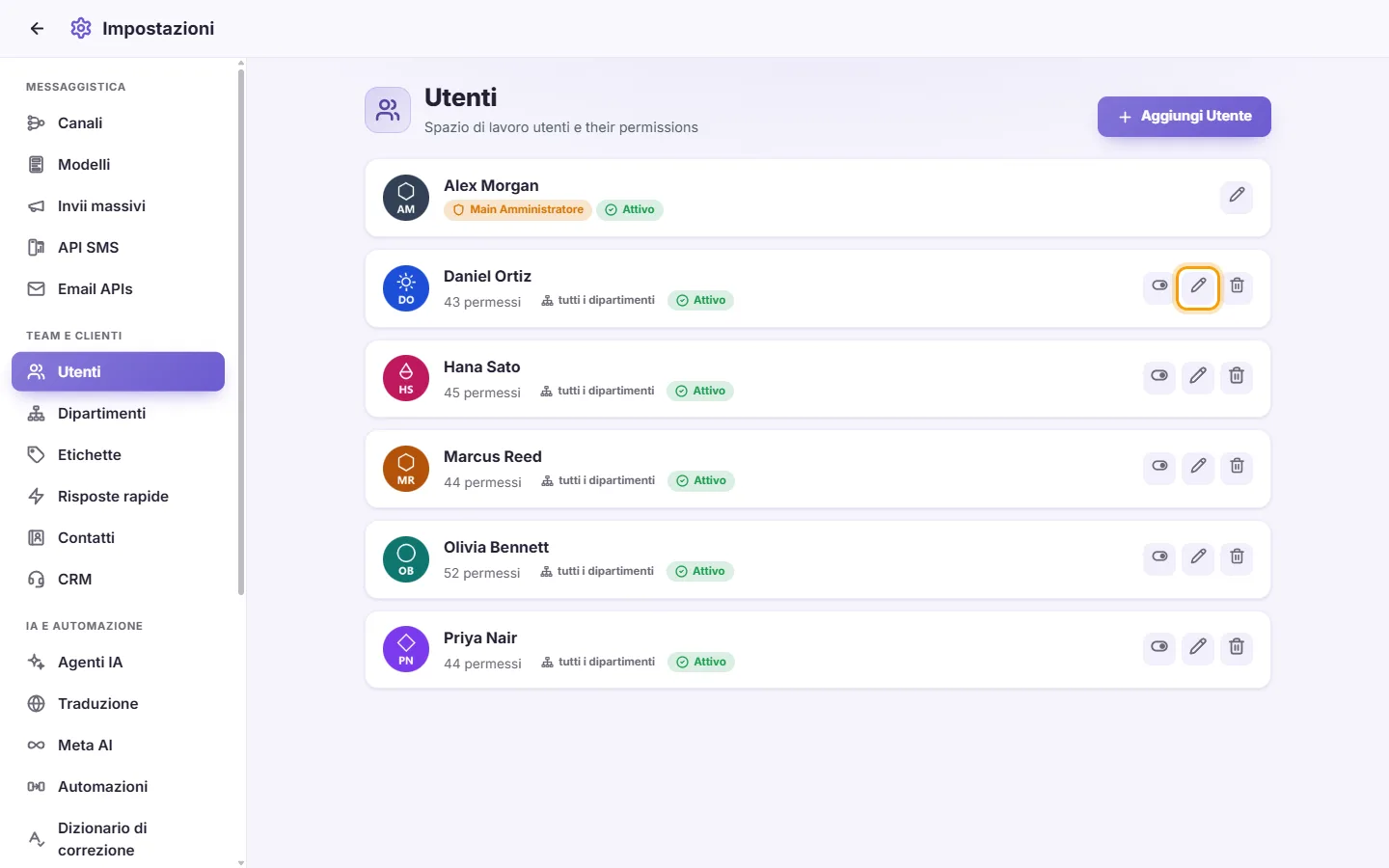 Settings, Users: the Edit button (the pen) on a user's card