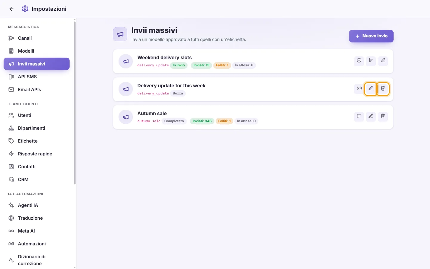Settings, Broadcasts: a draft's Edit and Delete buttons (only a draft can be changed)