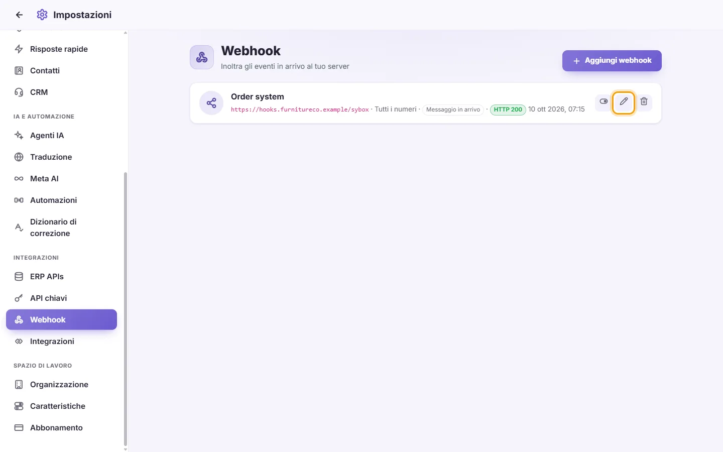 To edit, pause or delete a webhook: "Edit" marked on the screen in SyBox