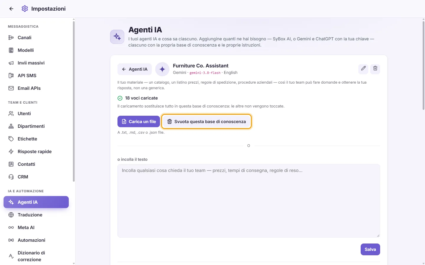 An agent's page: "Clear this knowledge base" (it works once something is loaded)