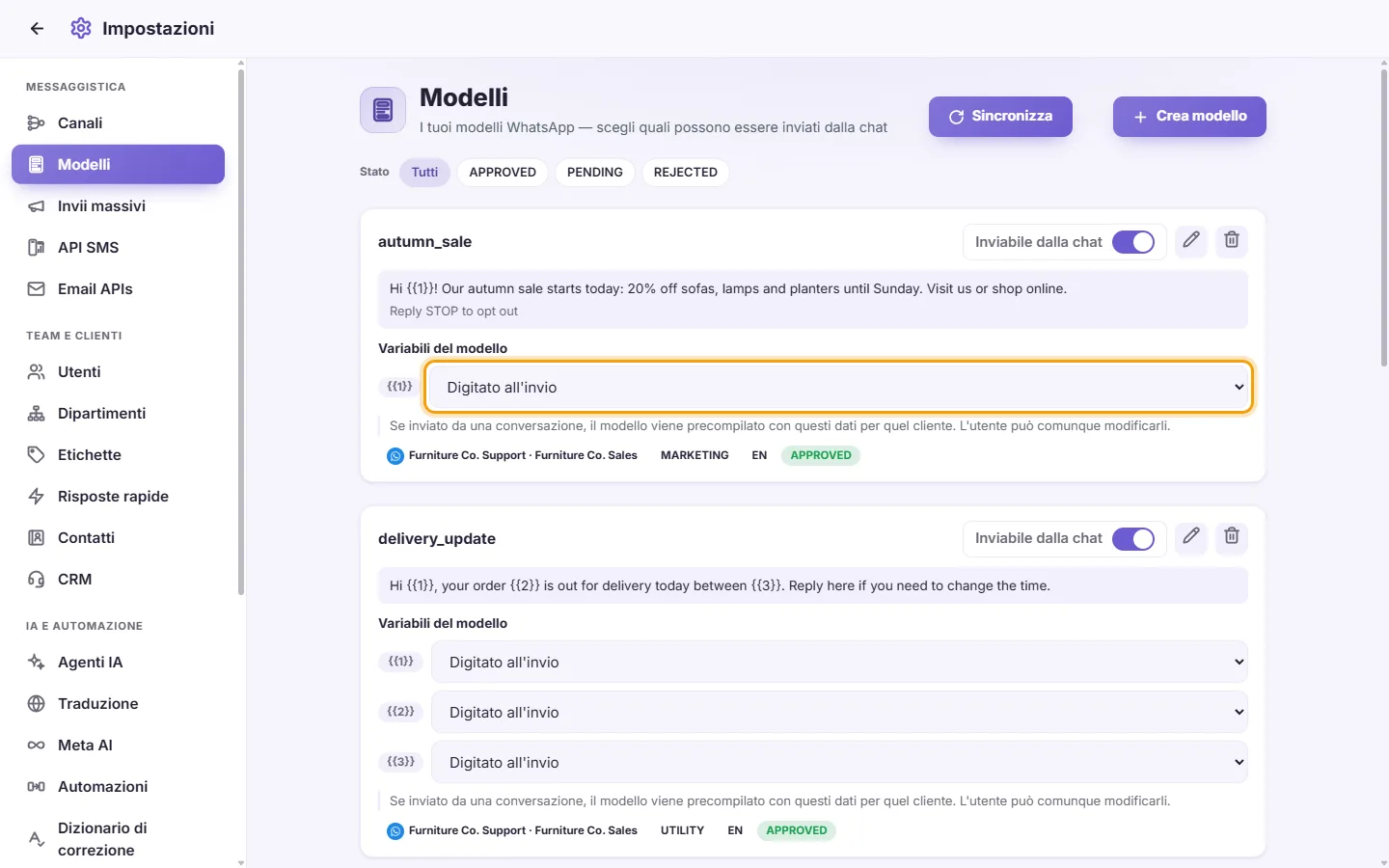 A template card: the source that fills {{1}} when the template is sent from a conversation