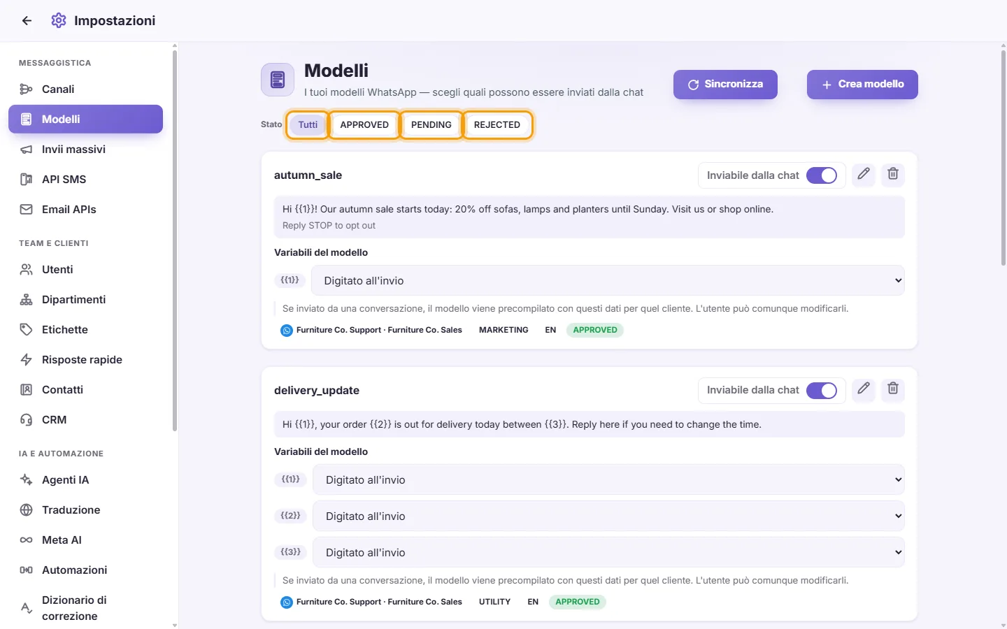 Settings, Templates: the filters All, APPROVED, PENDING and REJECTED above the cards