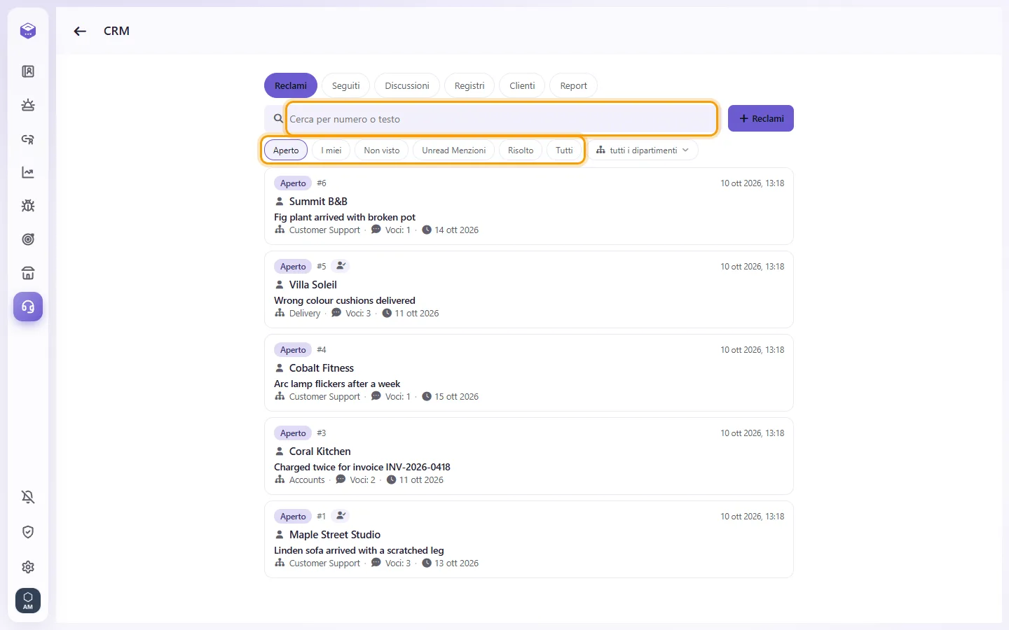 CRM: the search box (a case number or words) and the filters Open, Mine, Unseen, Unread mentions, Solved and All