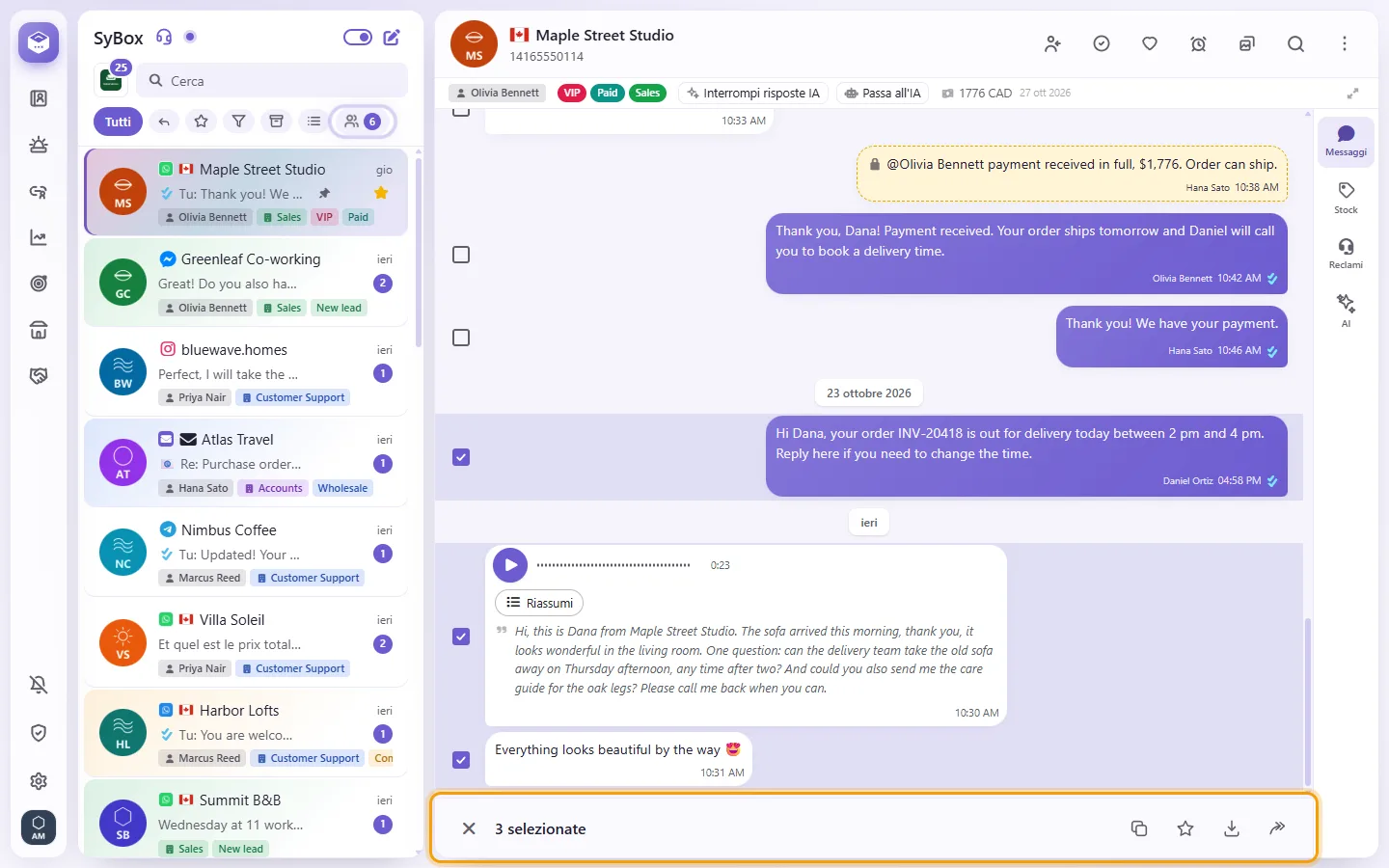 Three messages ticked in the chat, each box beside them filled; the bar below says "3 selected" with Copy, Star, Save and Forward