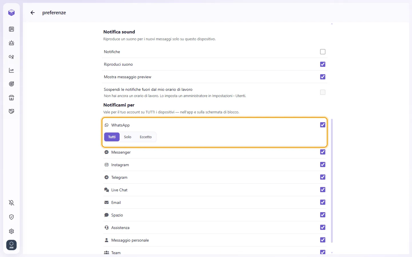 Preferences, Notify me about: a channel's All / Only / Except