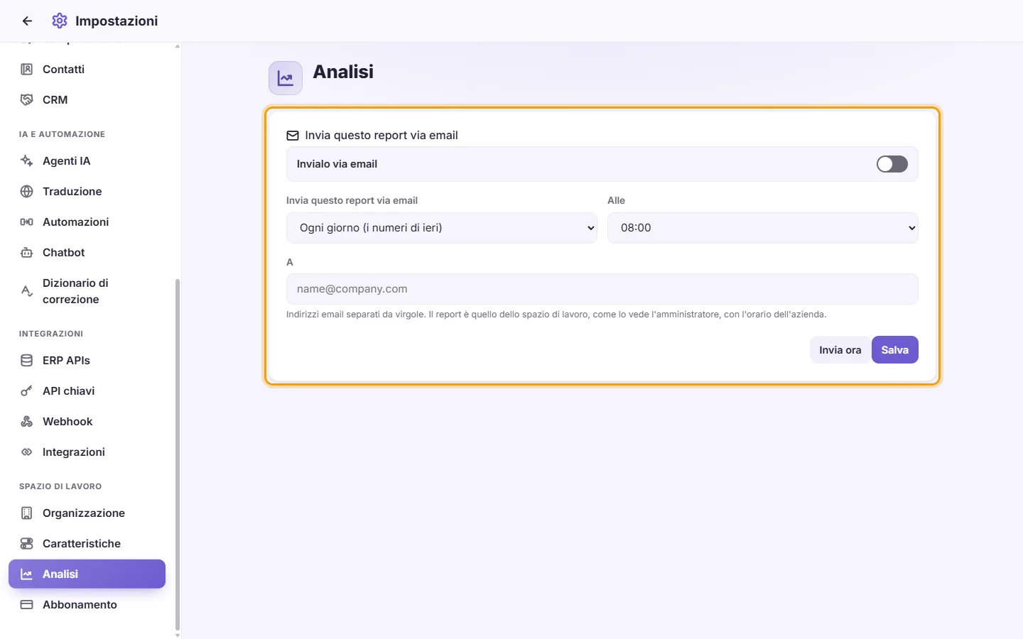 Settings, Analytics: "Email this report", daily or weekly, the hour, To, Save and Send now