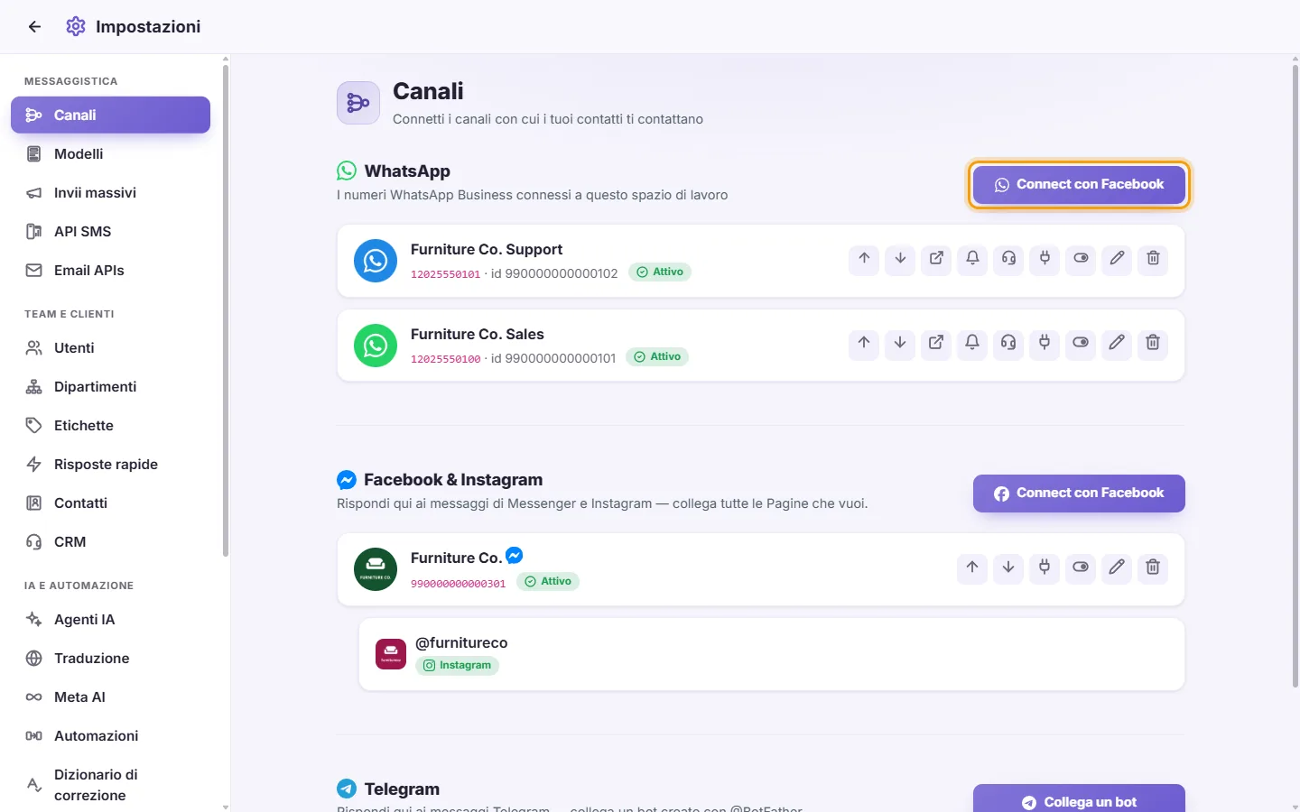 Settings, Channels: start by connecting a channel, here "Connect with Facebook" for WhatsApp