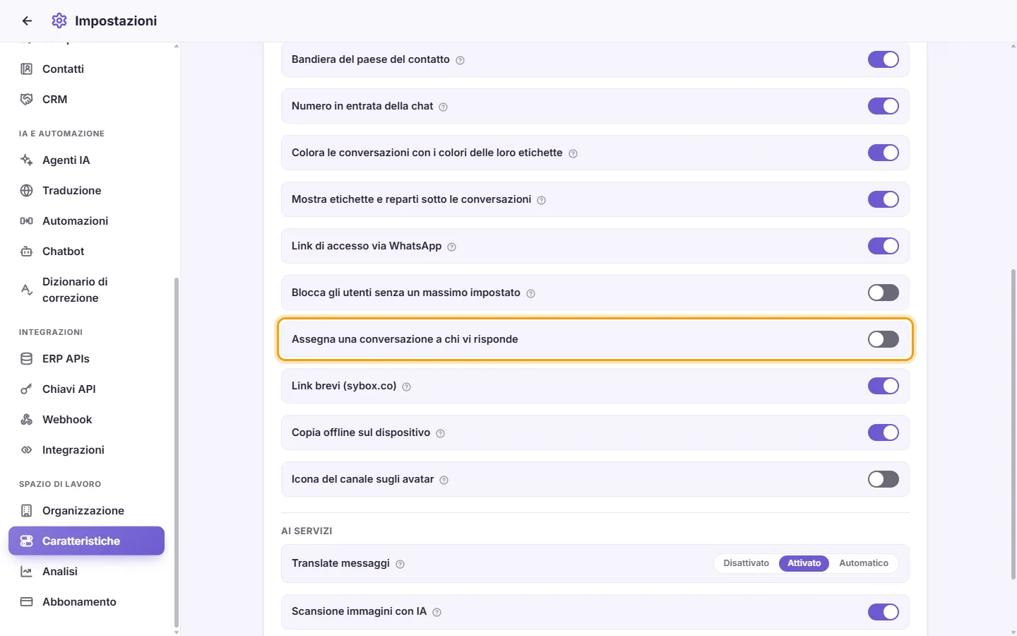 Settings, Features: "Assign a conversation to whoever replies in it"