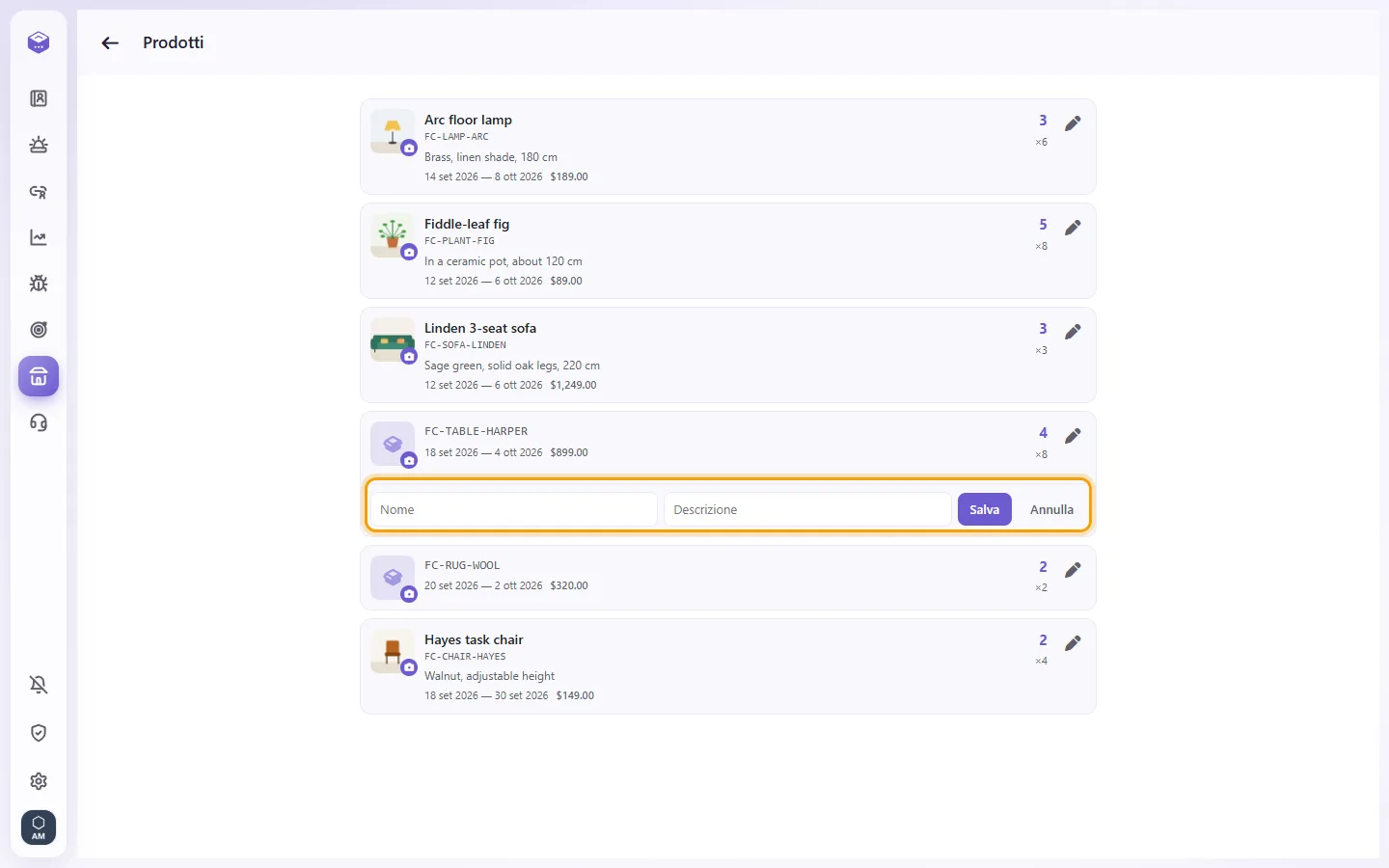 Products: the item's Edit form with its Name and Description boxes and the Save button