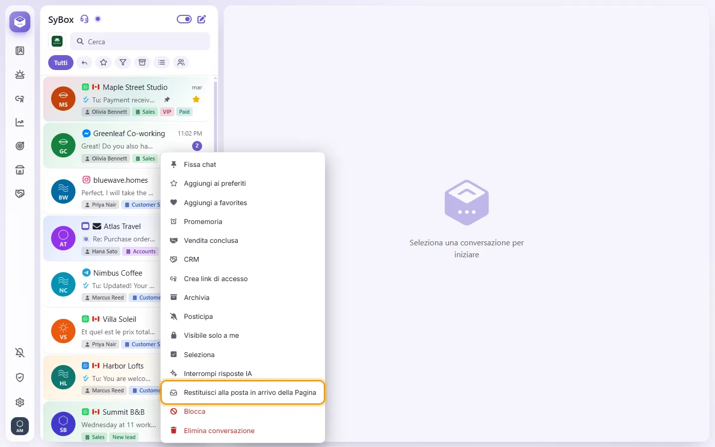 A Messenger conversation's menu: "Hand back to the Page inbox"