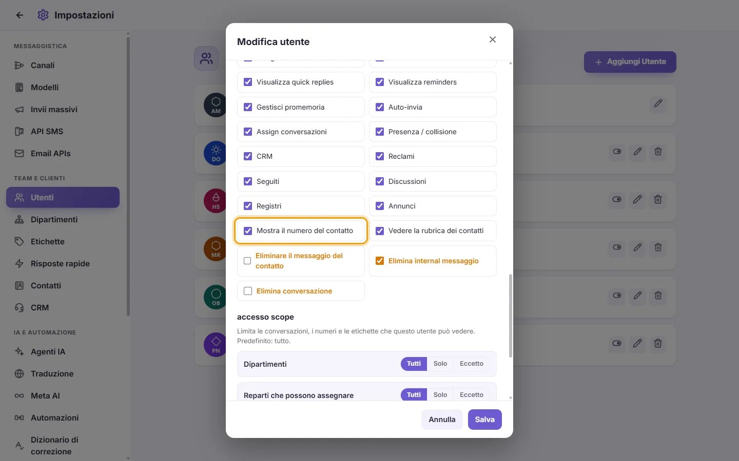 The Edit user window: the "Show contact number" permission, untick it to hide customers' numbers