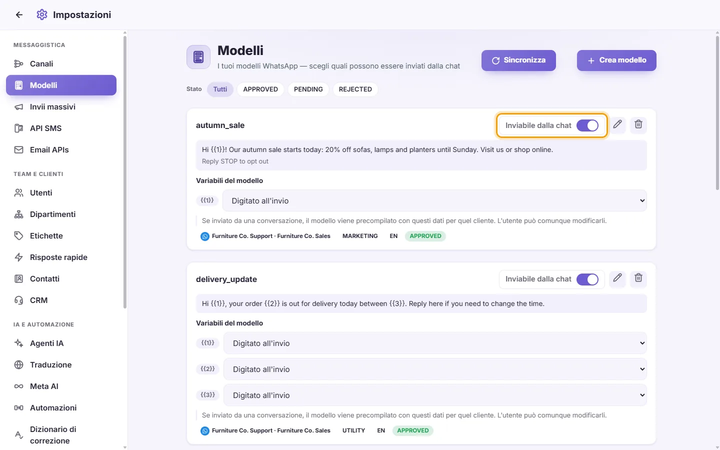 To let the team send a template from conversations: "Sendable from chat" marked on the screen in SyBox