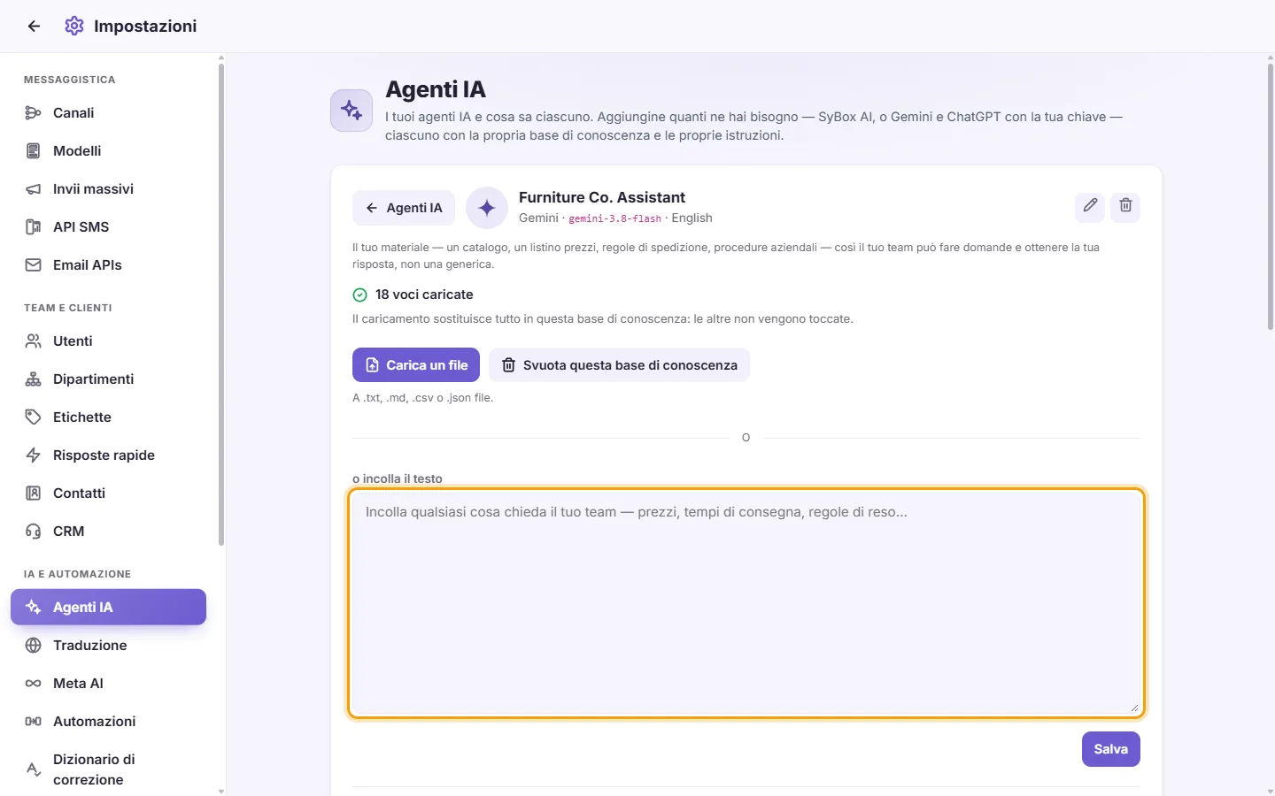 An agent's page: the "Or paste the text" box for its knowledge base