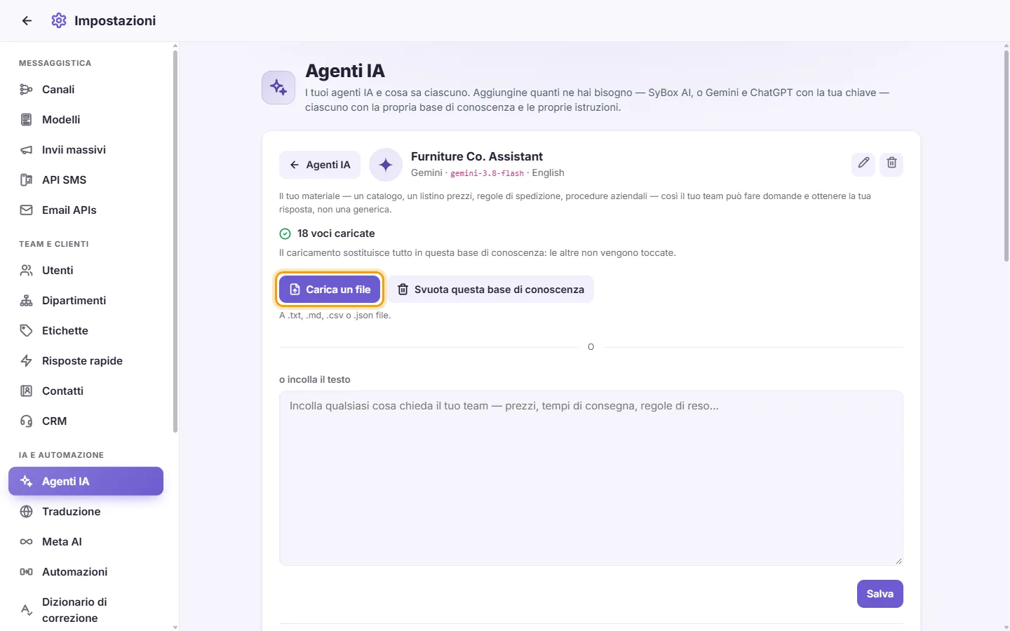 An agent's page: the "Upload a file" button for its knowledge base