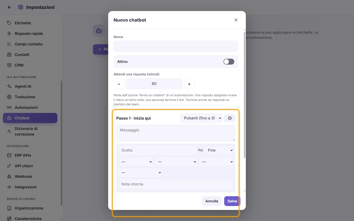 A chatbot step: its kind, its message and its choices