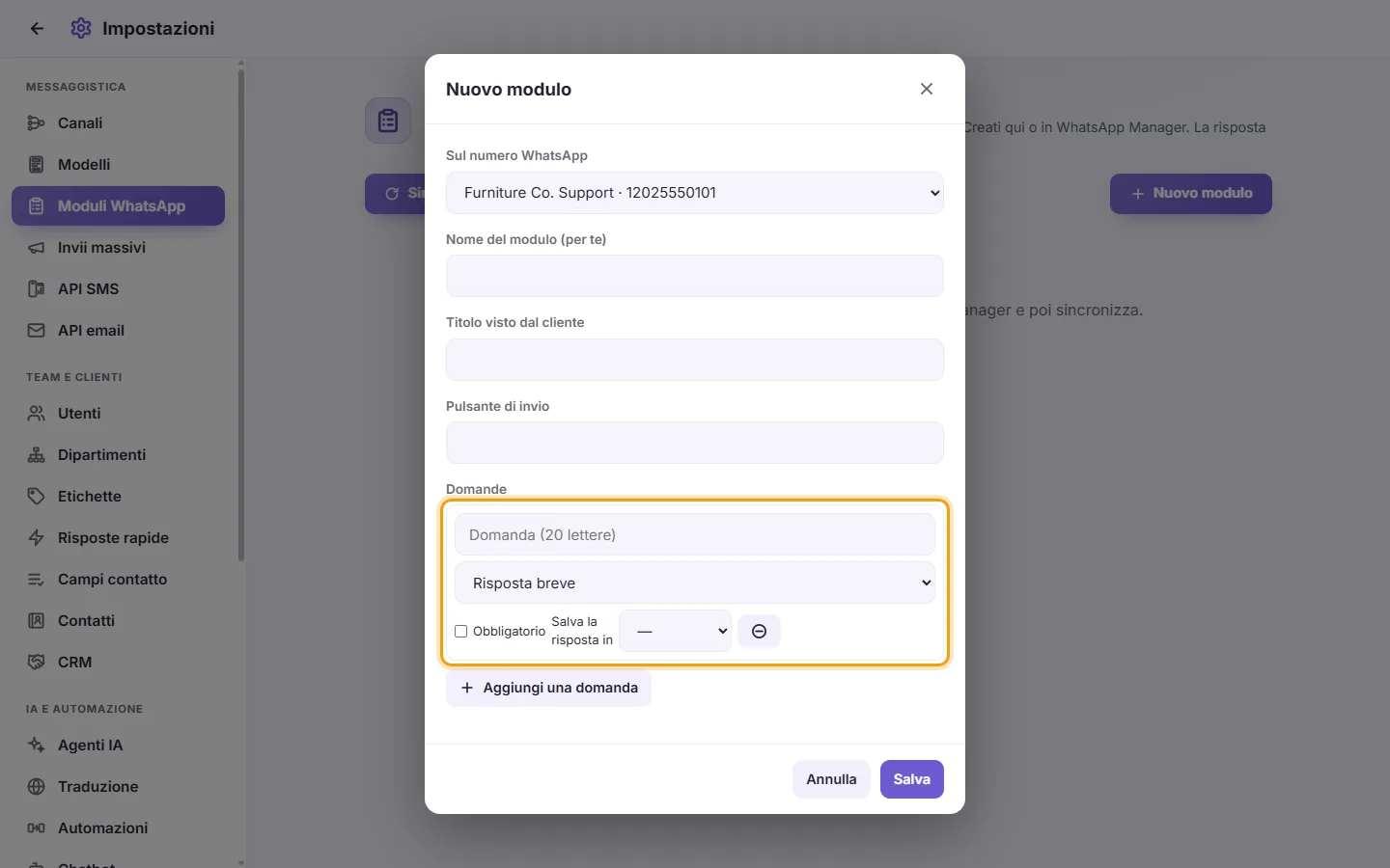 A WhatsApp form's questions: the question, its kind, Required and "Save the answer in"