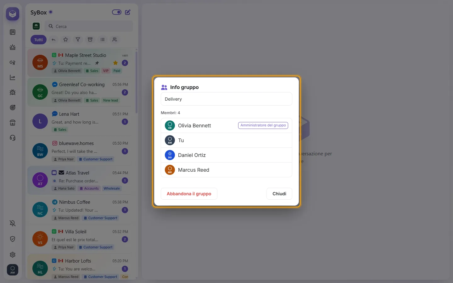 Group info: its members, the group admin marked, and Add members / Leave group