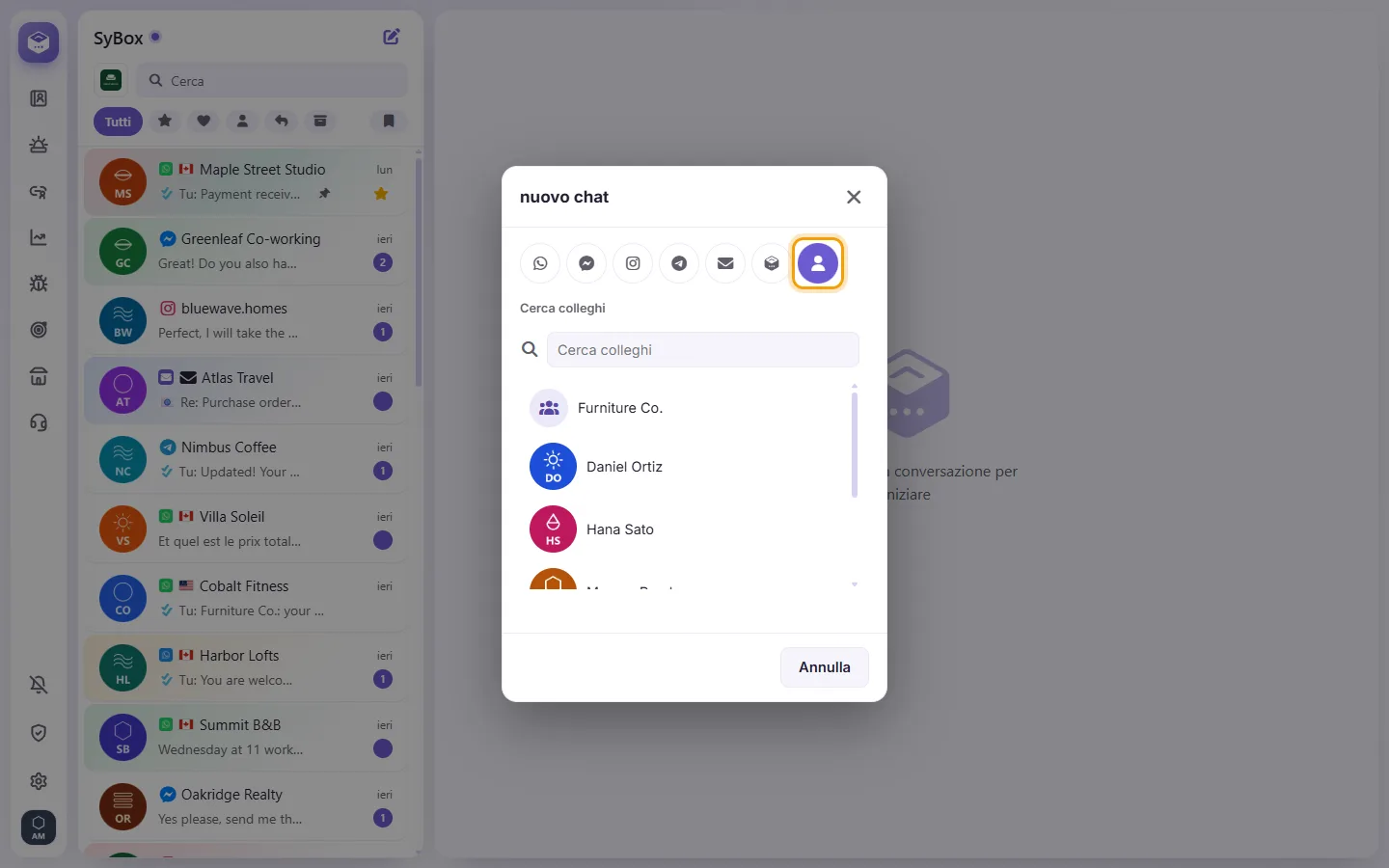 The New chat window on its "Personal message" tab: pick a colleague to write to