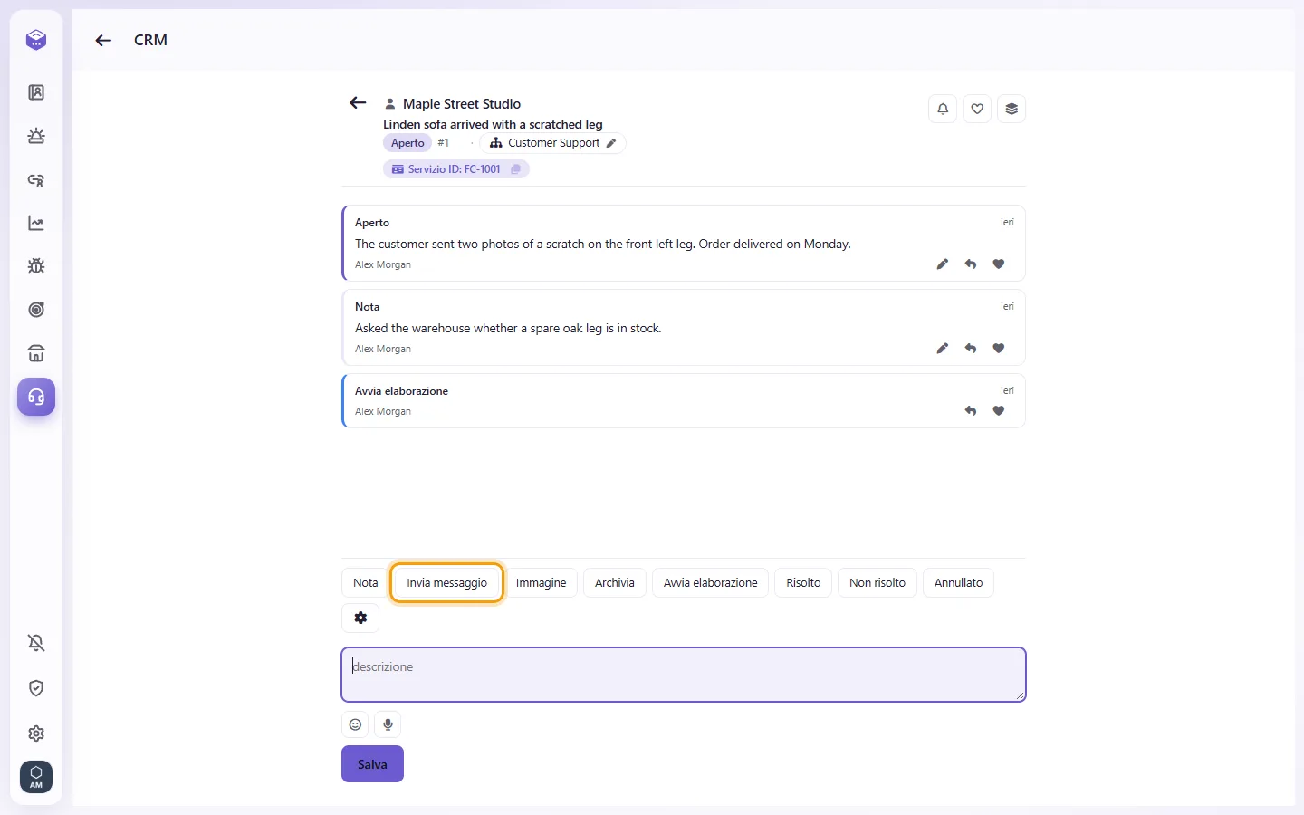 An open case: "Send message" writes to the customer