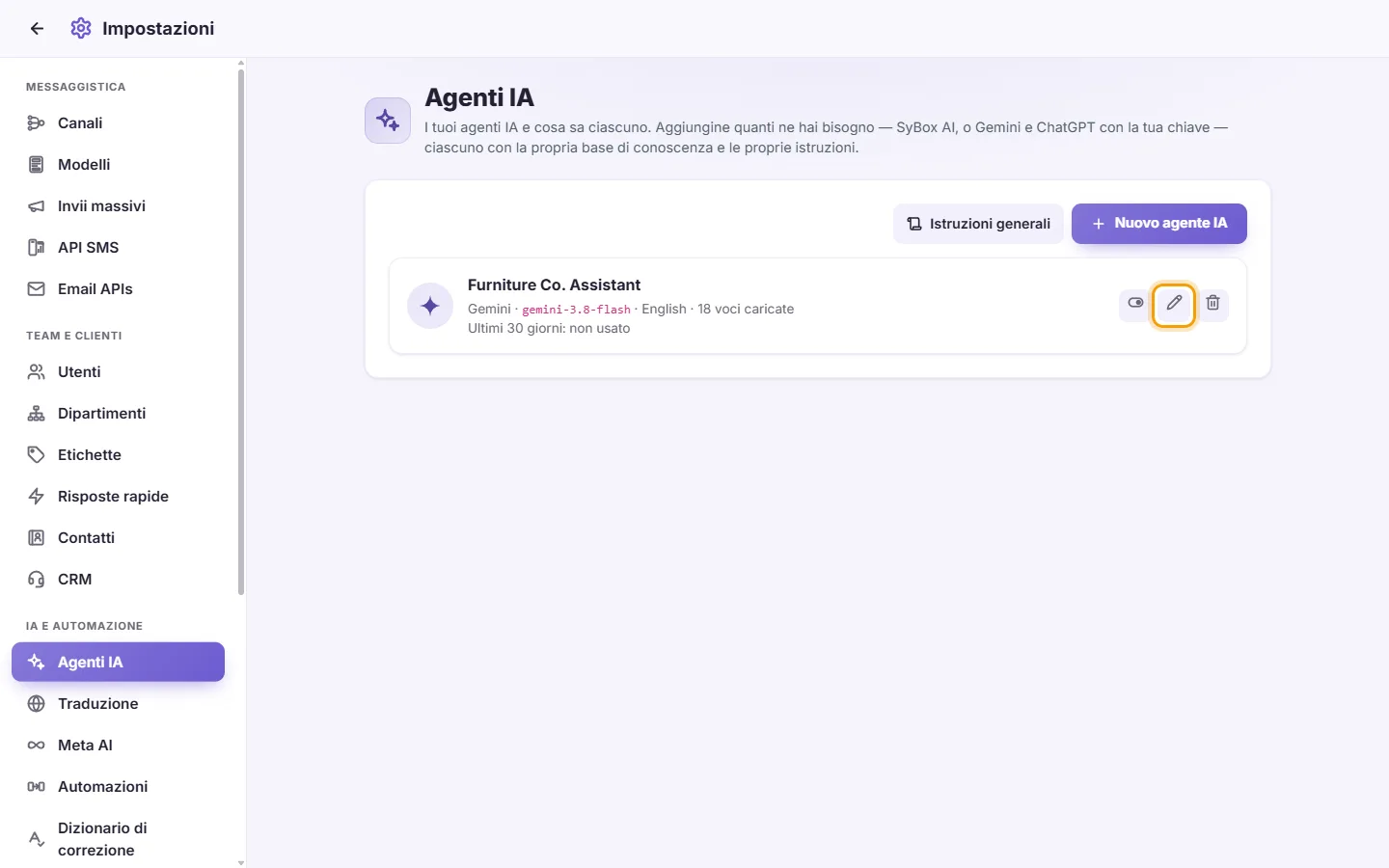 Settings, AI Agents: the pen on an agent's card opens its page